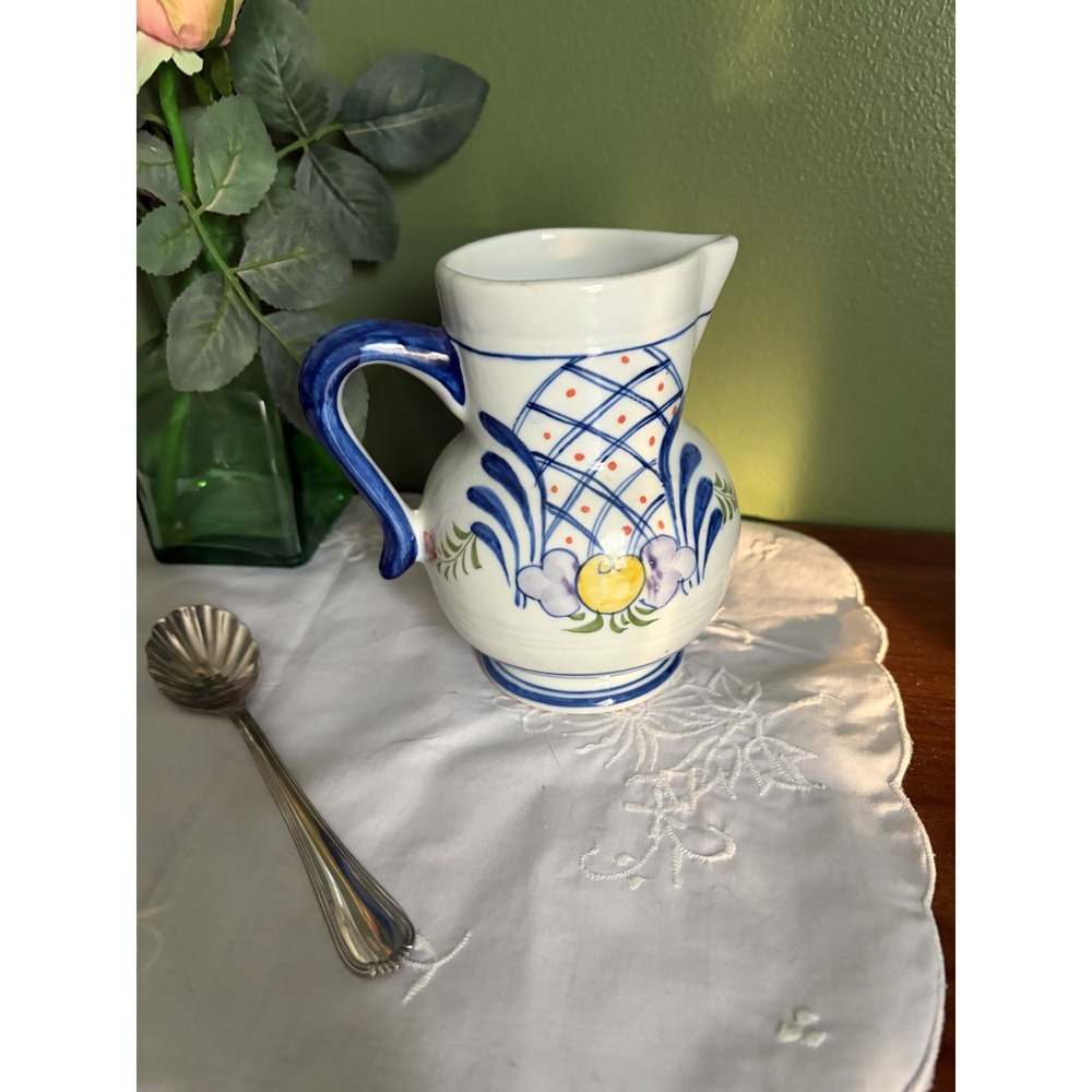 Blue Hand Painted Ceramic Pitcher, Floral Lattice Design